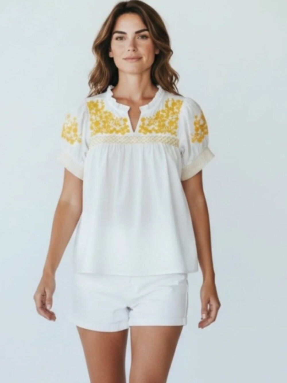 NWOT J. Crew Embroidered Cotton Poplin Puff-Sleeve Top Yellow/White Size XS